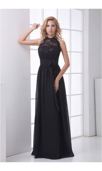 Halter Long Black Lace Formal Dress With Belt