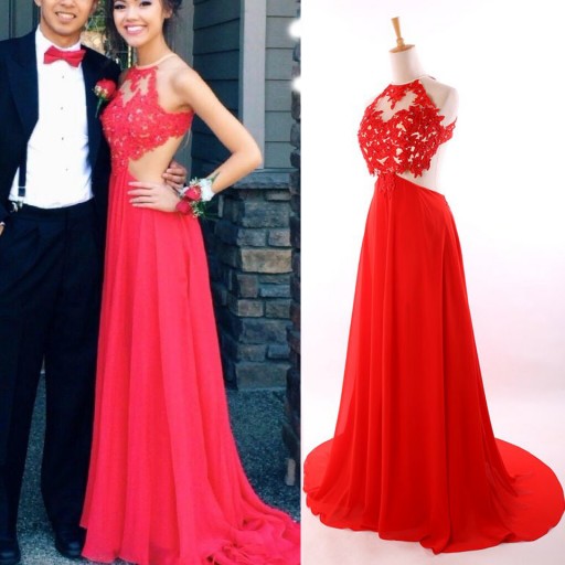 red long cut out back open prom dresses